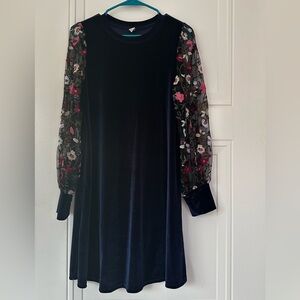 Velvet Dress with Floral Embroidered Sleeves